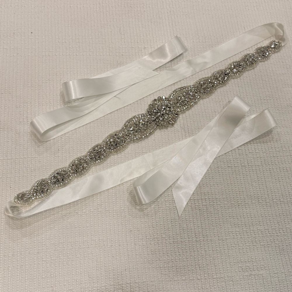 David’s Bridal Crystal Rhinestone Bridal Sash Belt Ivory Satin